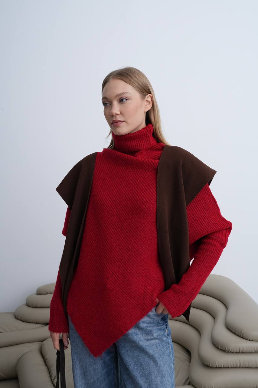 Rollkragenpullover mit asymmetrischem Saum – Rot