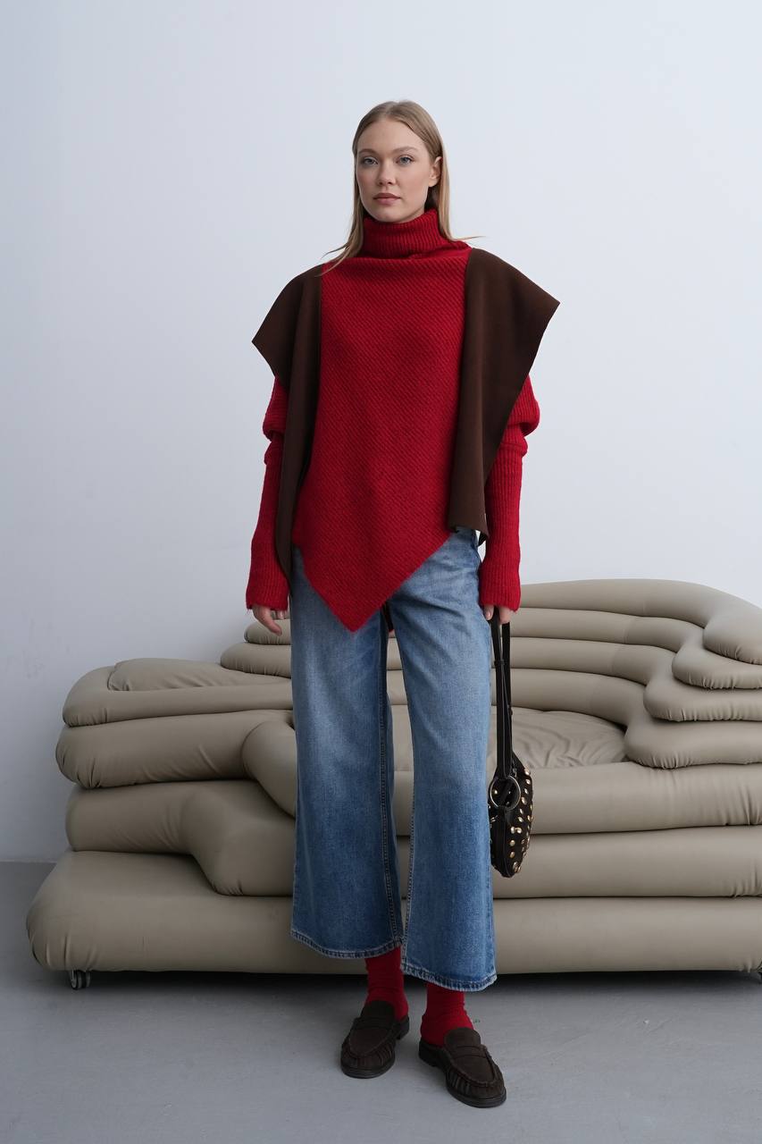 Rollkragenpullover mit asymmetrischem Saum – Rot