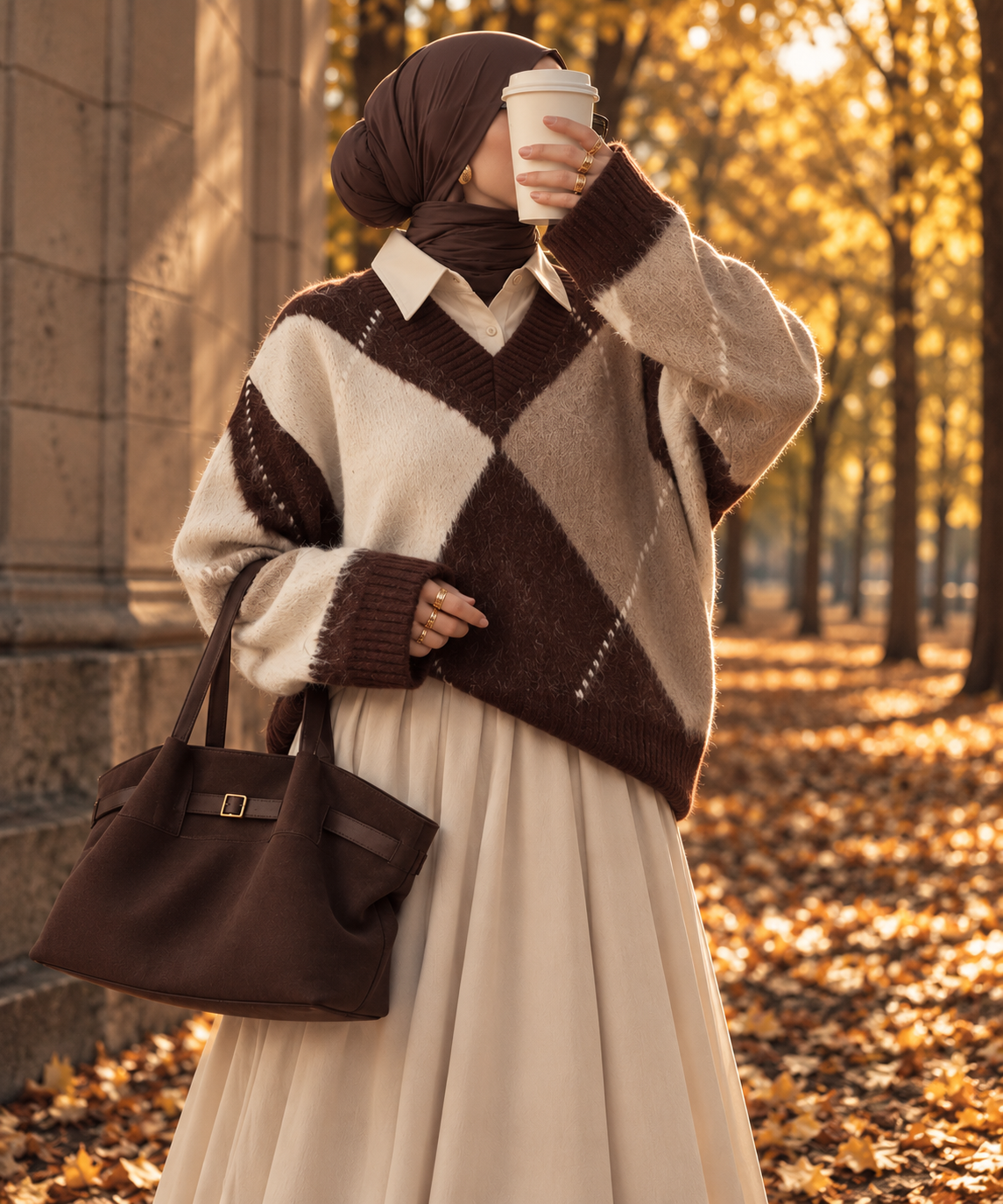 Strickpullover mit Rautenmuster – Braun & Beige